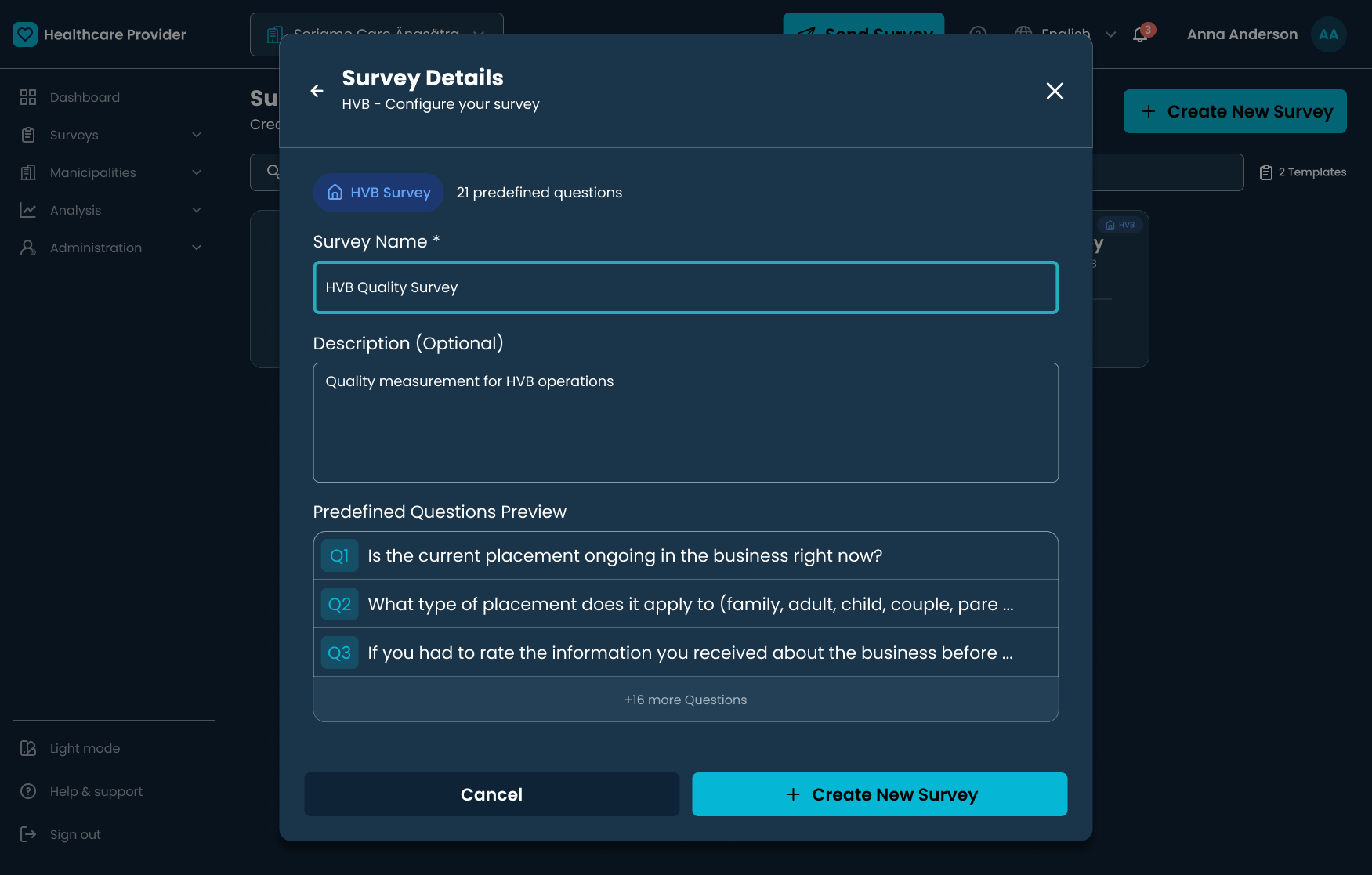 Survey details with predefined HVB/LSS question preview before distribution.